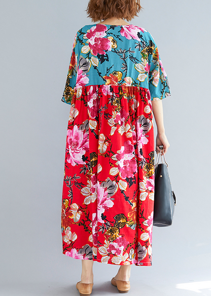 Red Green Print Linen Cotton Quilting Dresses O Neck Patchwork Loose Summer Dress