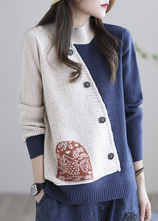 Beige Blue Print Loose Knitted Tops Button Spring