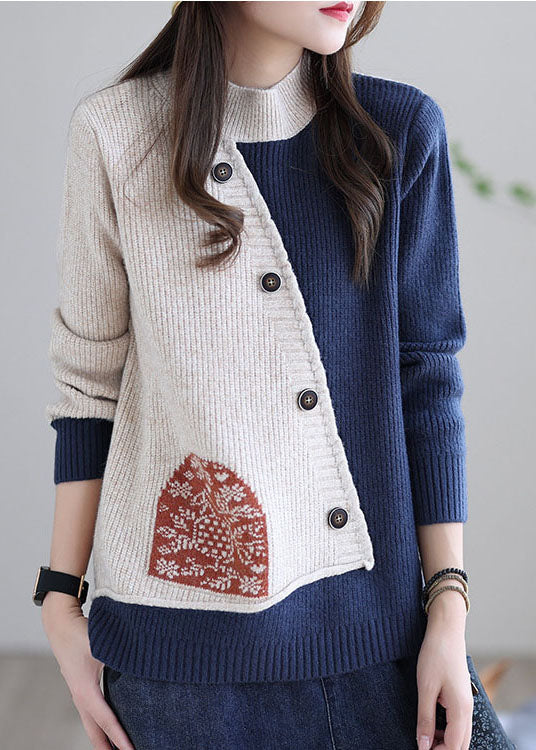 Beige Blue Print Loose Knitted Tops Button Spring