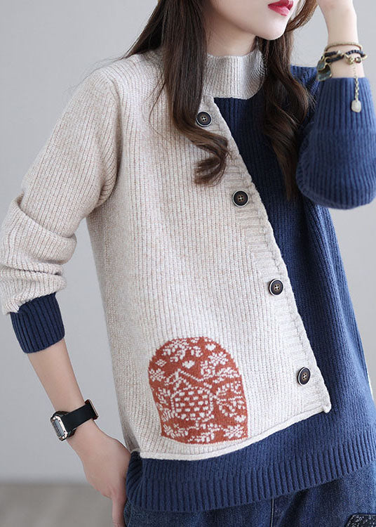 Beige Blue Print Loose Knitted Tops Button Spring