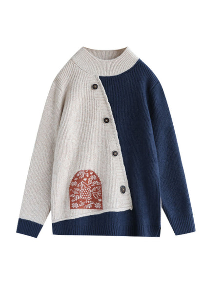 Beige Blue Print Loose Knitted Tops Button Spring