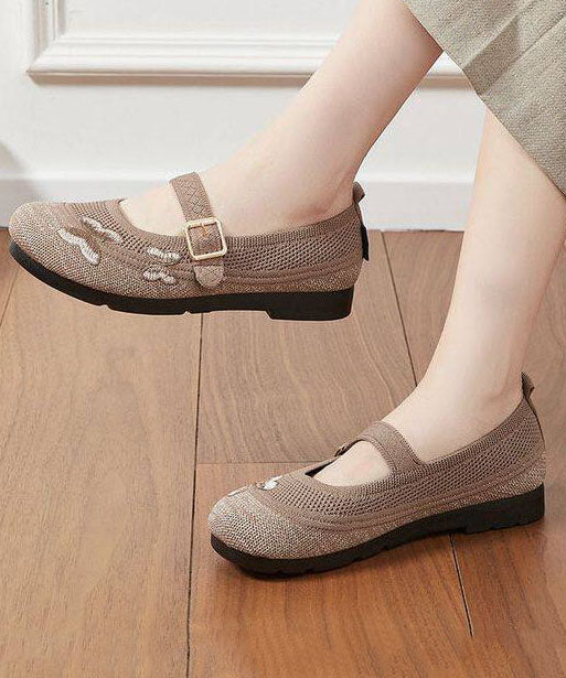 Beige Buckle Strap Splicing Embroidered Flat Feet Shoes