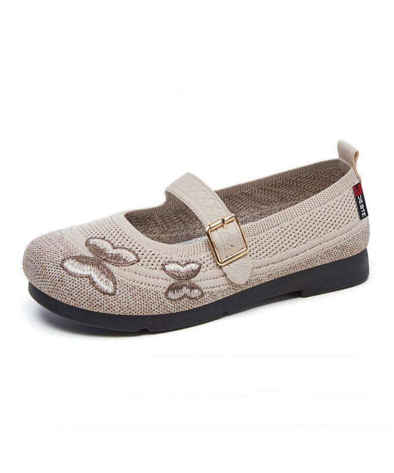 Beige Buckle Strap Splicing Embroidered Flat Feet Shoes