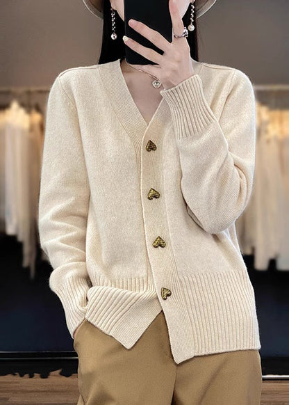Beige Button Knit Coats V Neck Spring