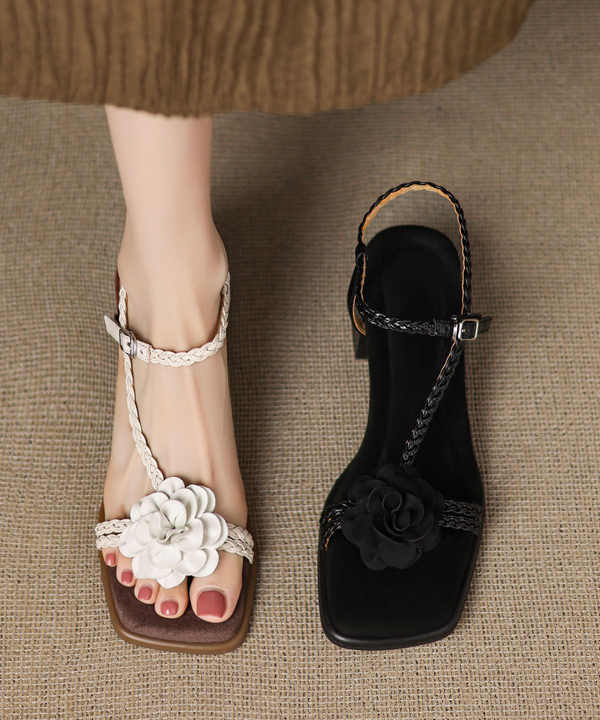 Beige Cowhide Leather Splicing Chunky Sandals