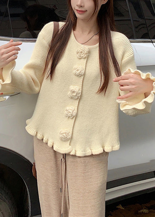 Beige Cozy Knit Sweater O Neck Flare Sleeve