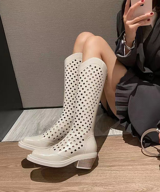 Beige Hollow Out Chunky Cowhide Leather Boots