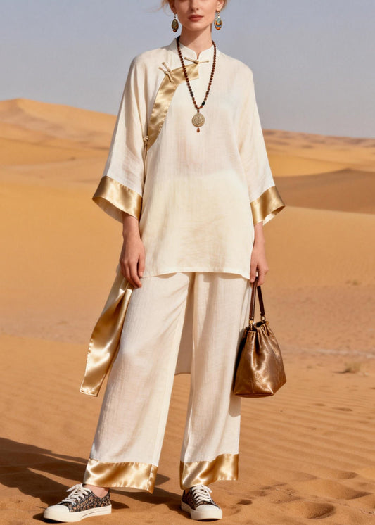 Beige Low High Design Silk Patchwork Two-piece Set Chinese Button Spring