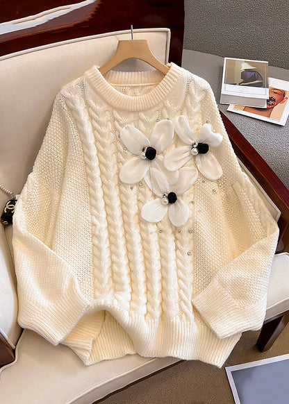 Beige Nail Bead Cozy Knit Sweaters O Neck Spring