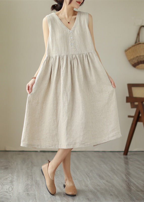 Beige O-neck Cotton Long Dress Sleeveless