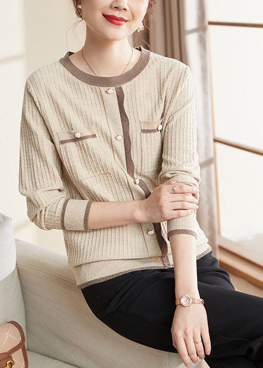 Beige Pockers Knit Sweater Tops O-neck Button Long Sleeve
