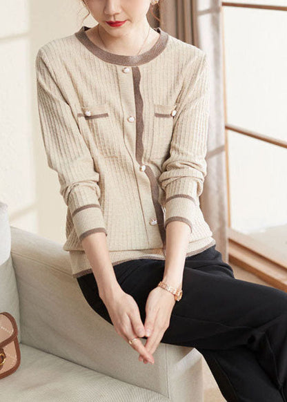 Beige Pockers Knit Sweater Tops O-neck Button Long Sleeve