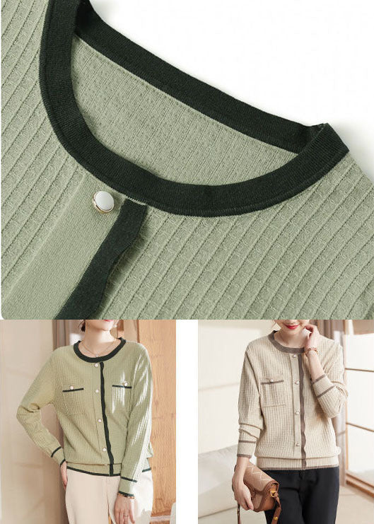 Beige Pockers Knit Sweater Tops O-neck Button Long Sleeve