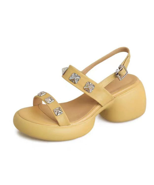 Beige Sandals Chunky Faux Leather Diy Splicing Rivet Buckle Strap