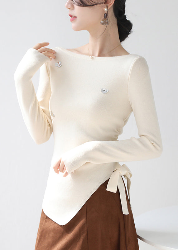 Beige Sequins Knit Sweater Asymmetrical Lace Up Winter