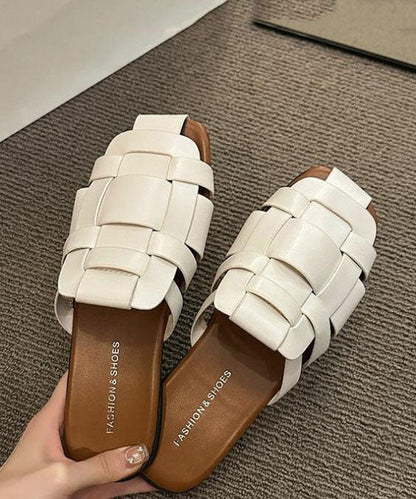 Beige Slide Sandals Faux Leather Hollow Out Splicing