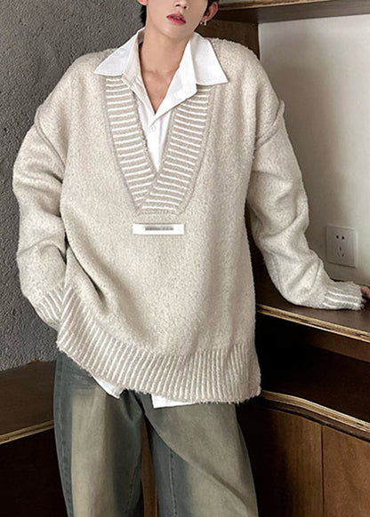 Beige Patchwork Knit Fall Sweaters V Neck