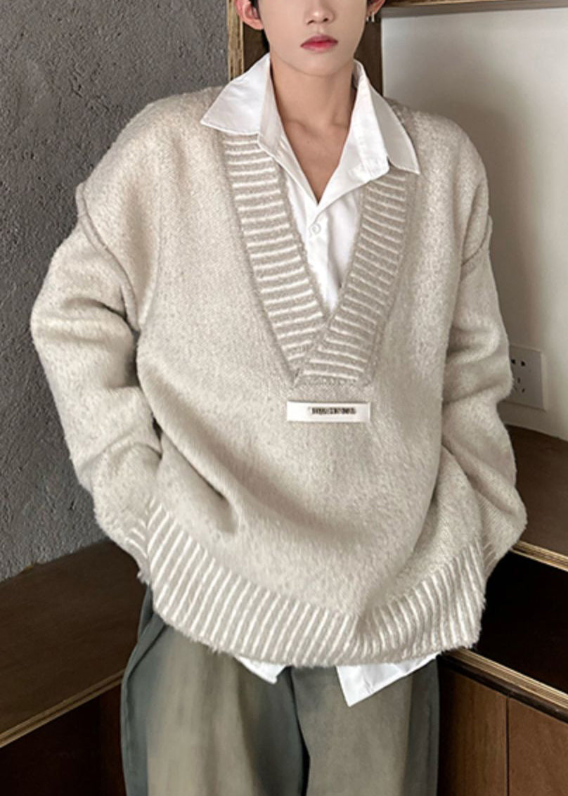 Beige Patchwork Knit Fall Sweaters V Neck