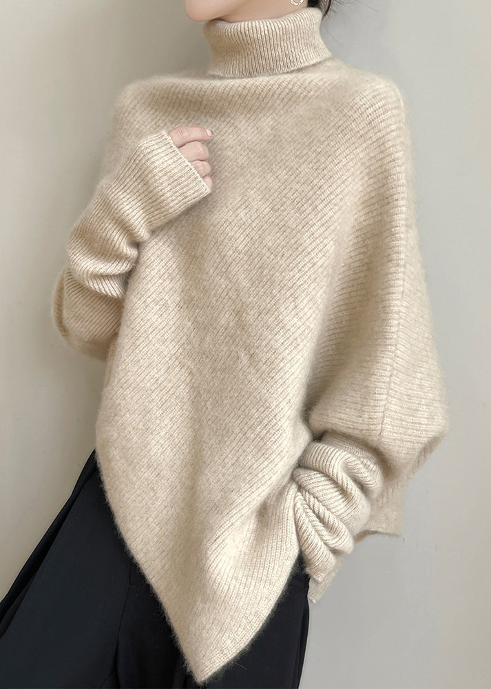Beige Woolen Knit Batwing Sleeve Sweaters Turtleneck