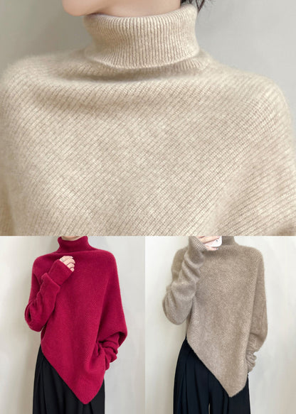 Beige Woolen Knit Batwing Sleeve Sweaters Turtleneck