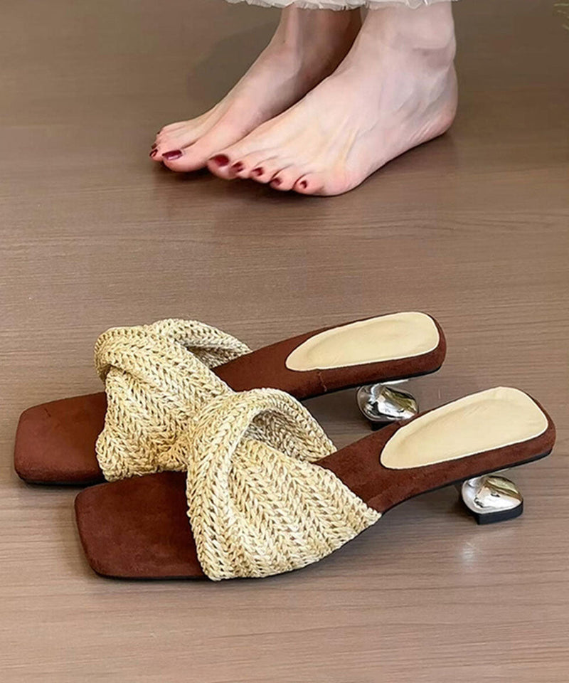 Beige Splicing Stylish High Heel Slide Sandals Peep Toe
