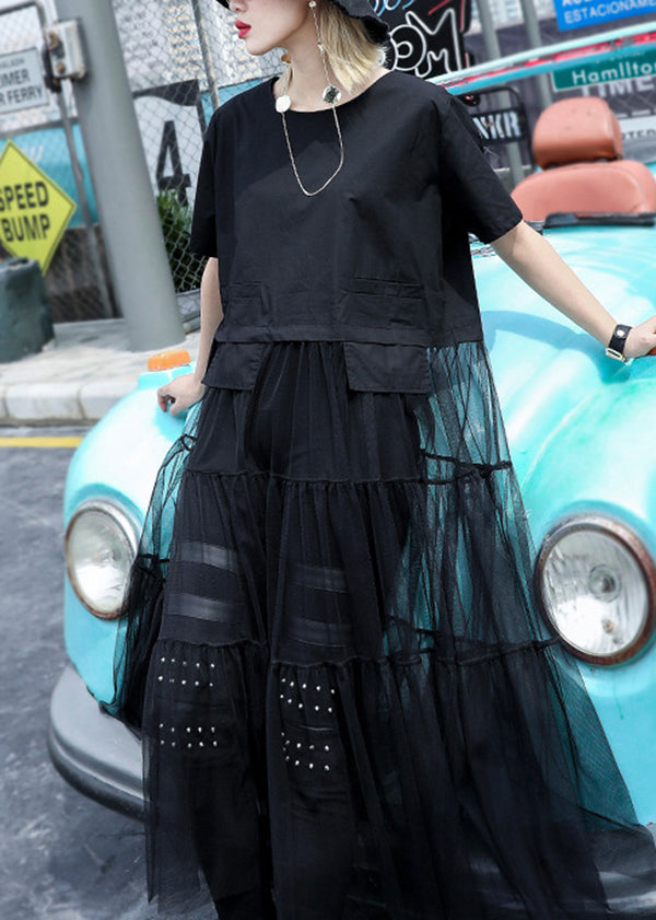 Black Baggy Tulle Patchwork a Line Dress O-neck Oversized Short Sleeve