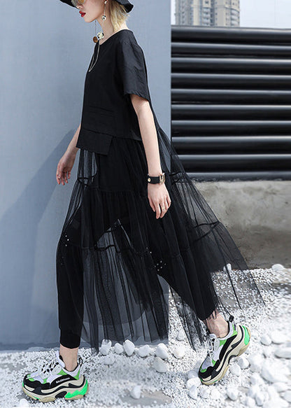 Black Baggy Tulle Patchwork a Line Dress O-neck Oversized Short Sleeve