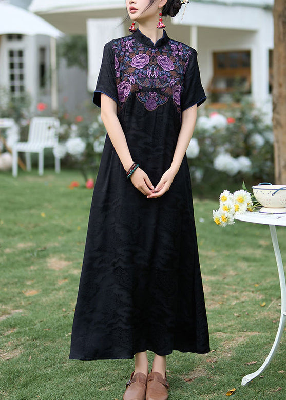 Black Silk Dress Embroidered Stand Collar Summer