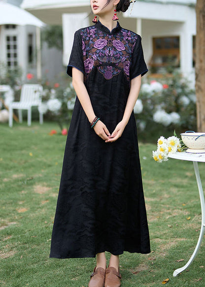 Black Silk Dress Embroidered Stand Collar Summer