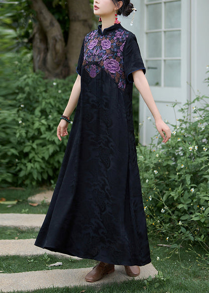 Black Silk Dress Embroidered Stand Collar Summer