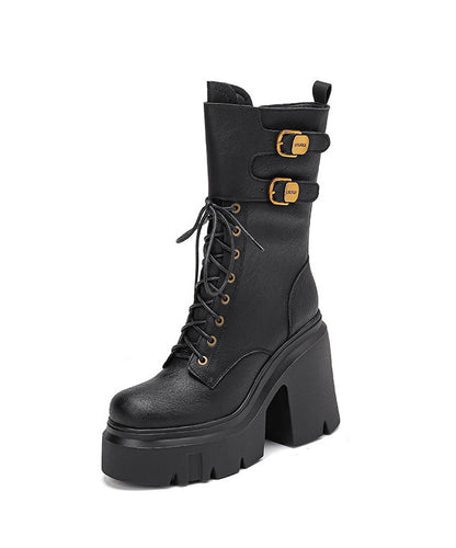 Black Boots Chunky Cowhide Leather Splicing Boots