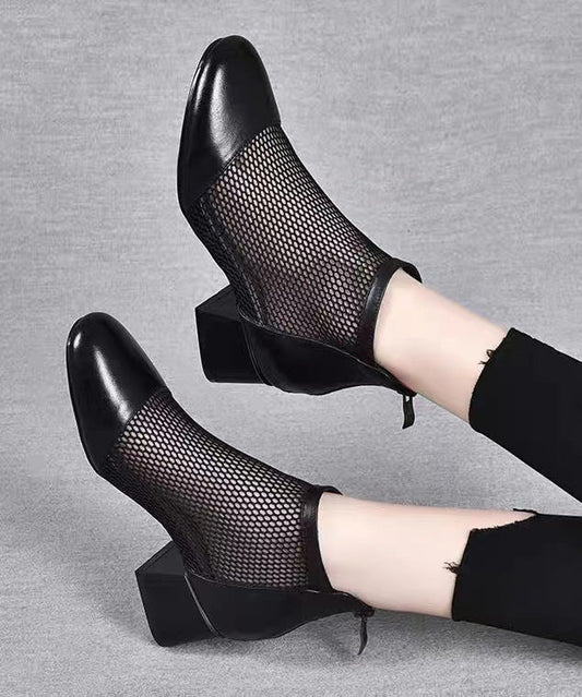 Black Boots Chunky Faux Leather Splicing Breathable Mesh