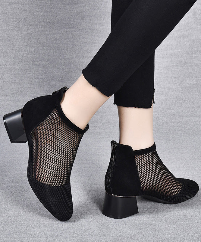 Black Boots Chunky Faux Leather Splicing Breathable Mesh