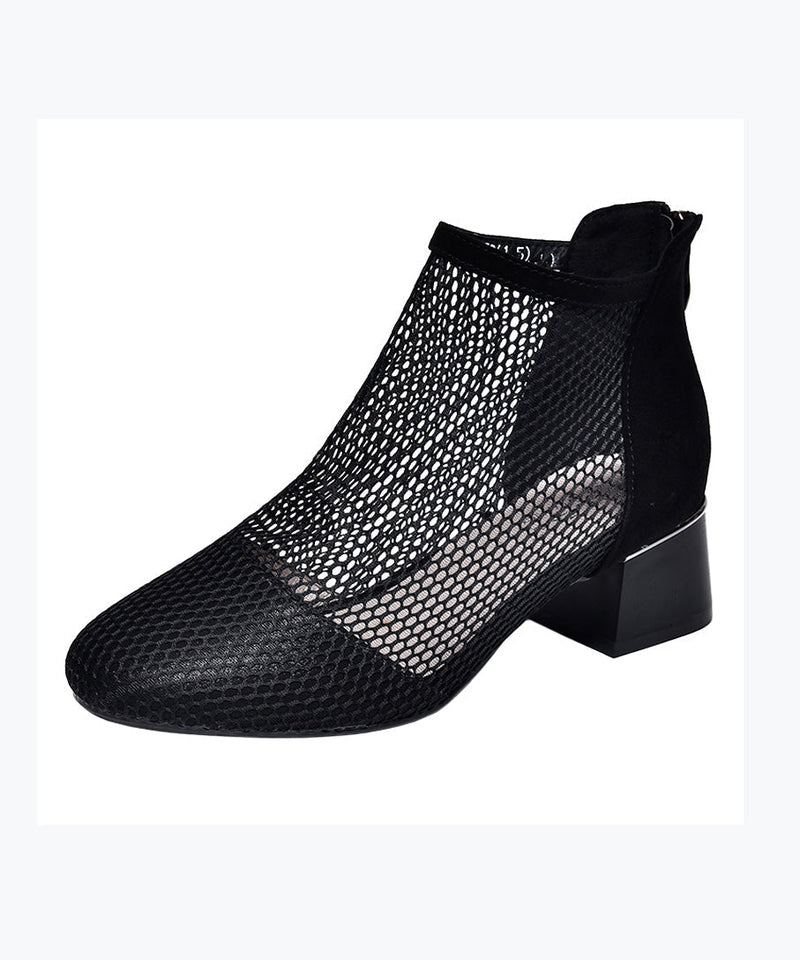 Black Boots Chunky Faux Leather Splicing Breathable Mesh