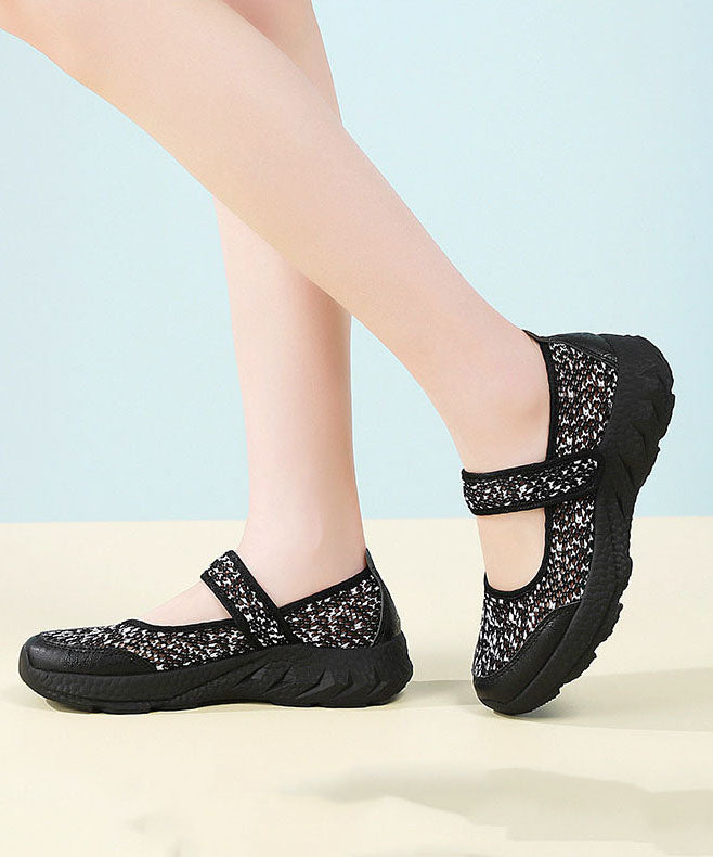 Black Breathable Mesh Flat Feet Shoes Splicing Buckle Strap