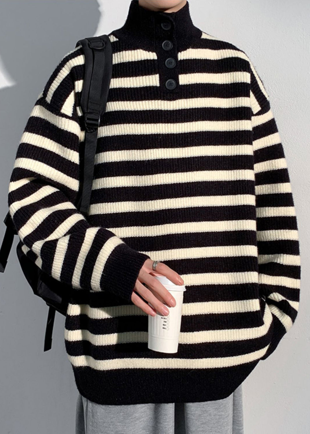 Black Button Knit Sweaters Turtleneck Winter