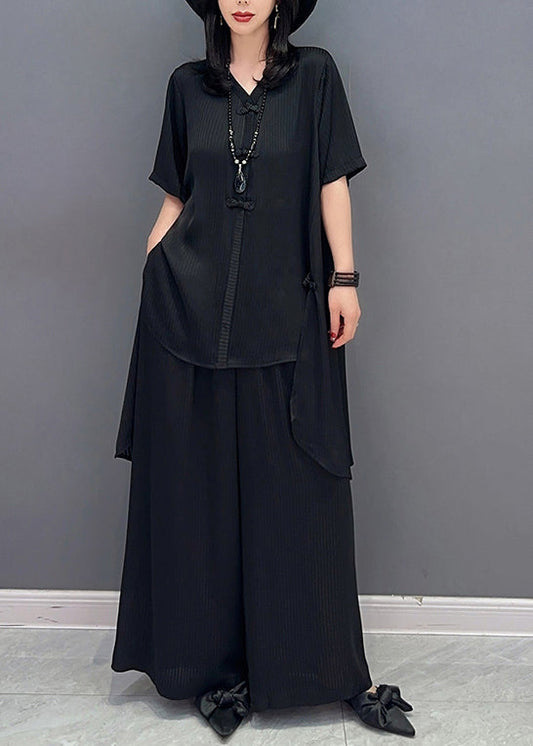 Black Button Shirts and Wide Leg Pants Two Piece Set Half Sleeve