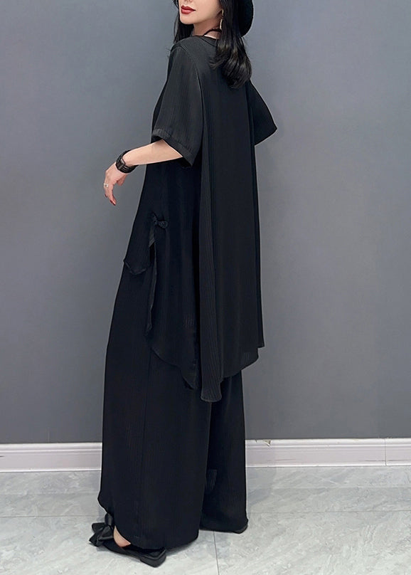 Black Button Shirts and Wide Leg Pants Two Piece Set Half Sleeve