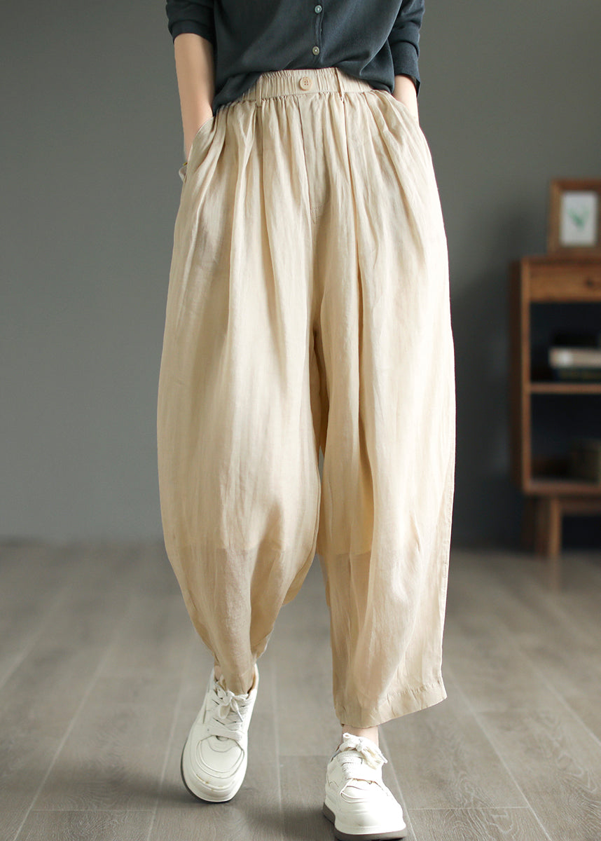 Black Pockets Linen Pants Elastic Waist Summer