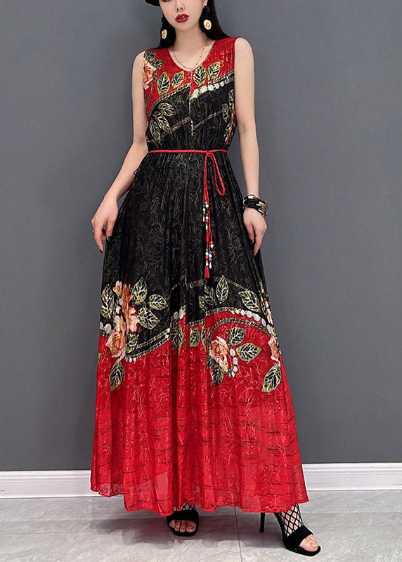 Black Chiffon Holiday a Line Dress Tie Waist Sleeveless