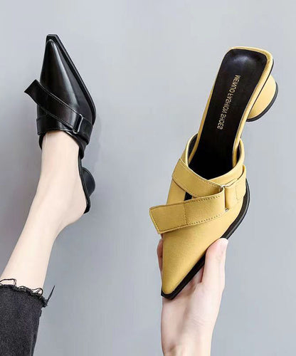 Black Chunky Faux Leather Splicing Slide Sandals Pointed Toe