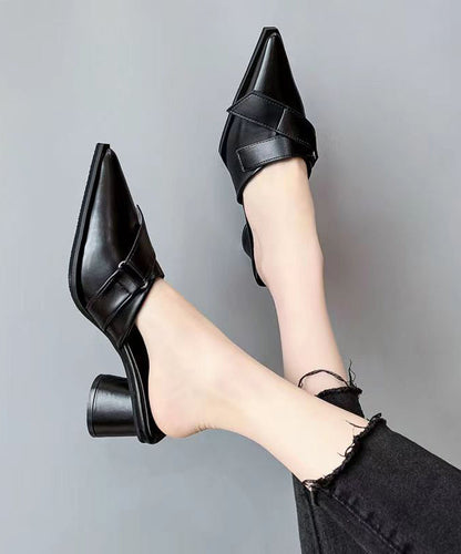 Black Chunky Faux Leather Splicing Slide Sandals Pointed Toe