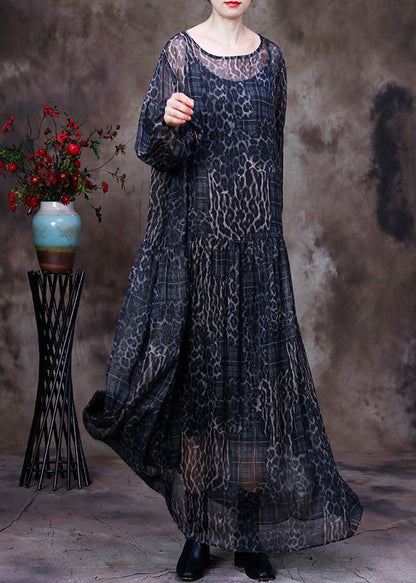 Black Chocolate O-neck Print Maxi Dress and Suspenders Two Pieces Set Fall