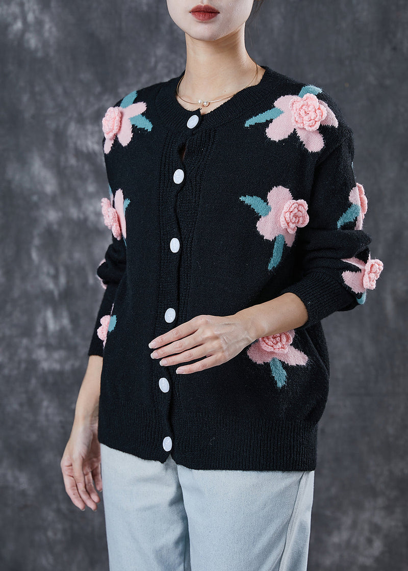 Black Cozy Knit Cardigans Stereoscopic Spring