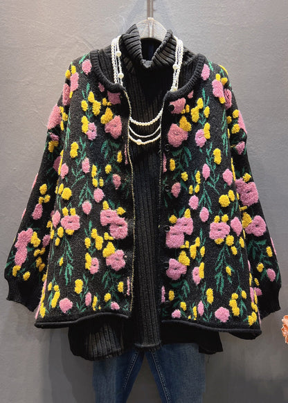 Black Cozy Patchwork Loose Knit Coat O-neck Spring