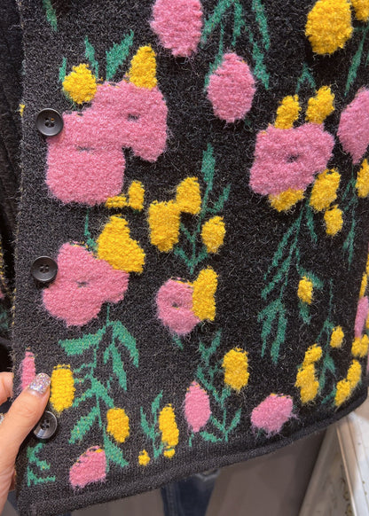 Black Cozy Patchwork Loose Knit Coat O-neck Spring