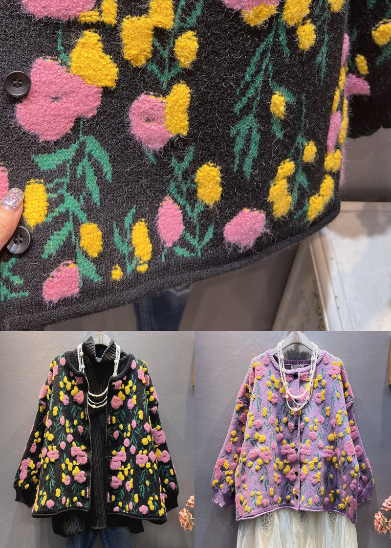 Black Cozy Patchwork Loose Knit Coat O-neck Spring