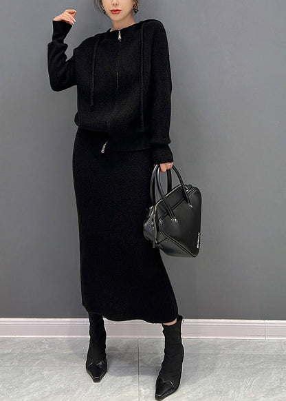 Black Drawstring Hooded Knit Sweaters and Maxi Skirts Two Piece Set Winter