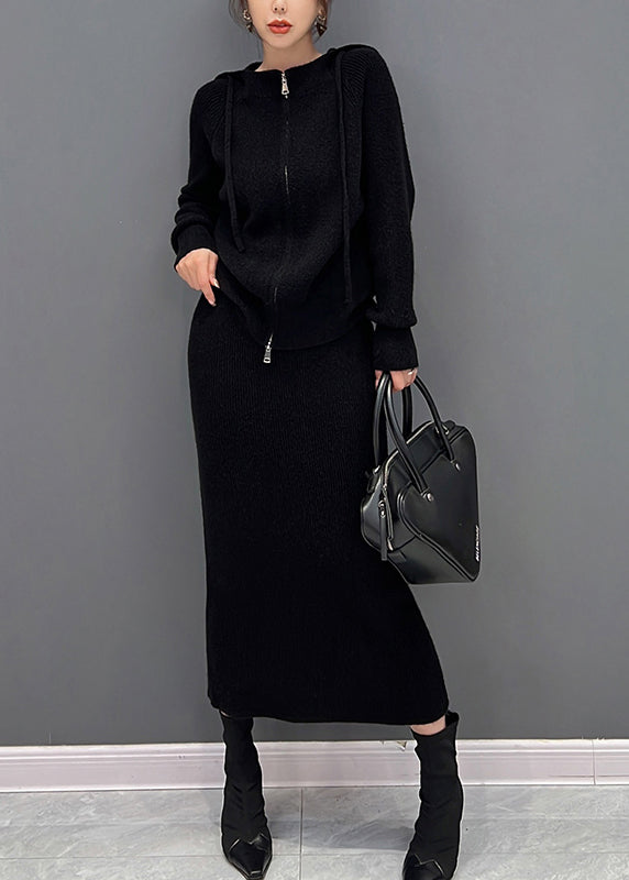 Black Drawstring Hooded Knit Sweaters and Maxi Skirts Two Piece Set Winter