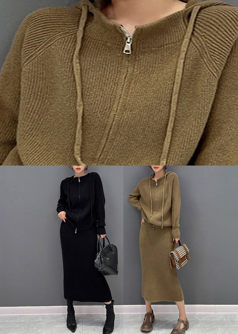 Black Drawstring Hooded Knit Sweaters and Maxi Skirts Two Piece Set Winter